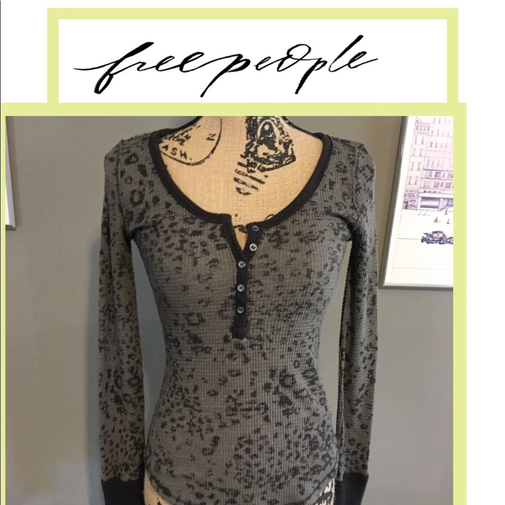 FREE PEOPLE• Leopard Davis Henley Thermal top.